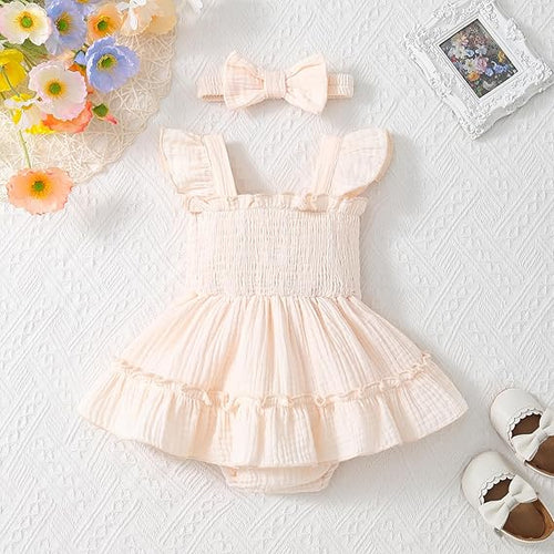 Newborn Baby Girl Summer Clothes Sleeveless Smocked Romper Dress Ruffles Jumpsuit Bodysuit with Bow Headband